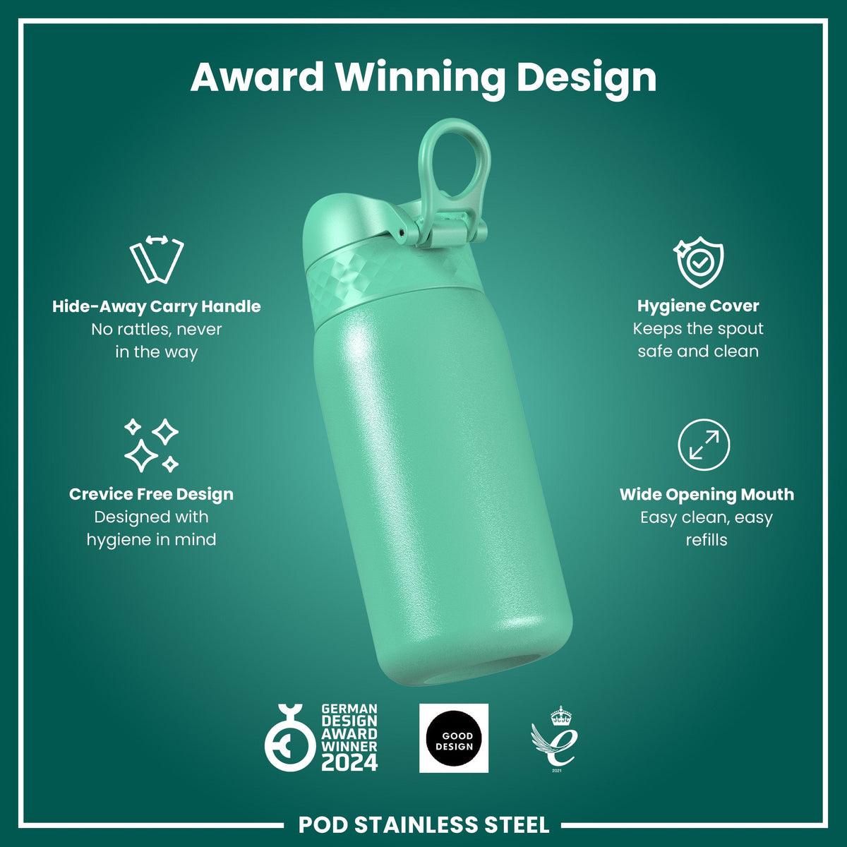 Leak Proof Kids Water Bottle, Stainless Steel, Teal, 13oz