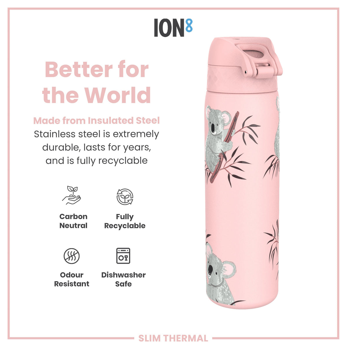 Leak Proof Slim Thermal Steel Water Bottle, Insulated, Koala, 17oz
