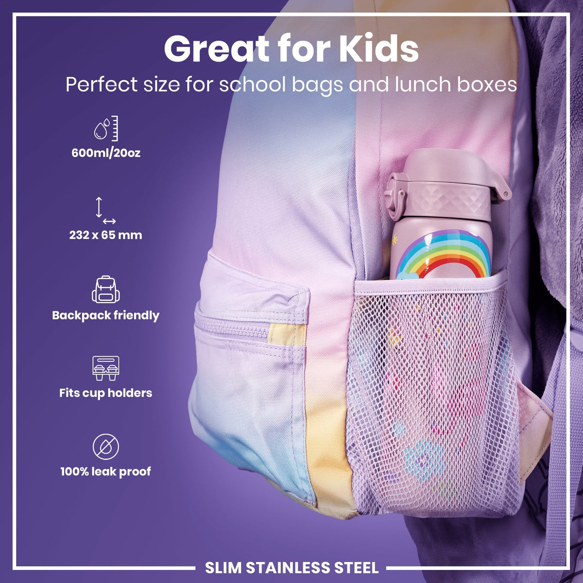 Leak Proof Slim Water Bottle, Stainless Steel, Unicorns, 20oz