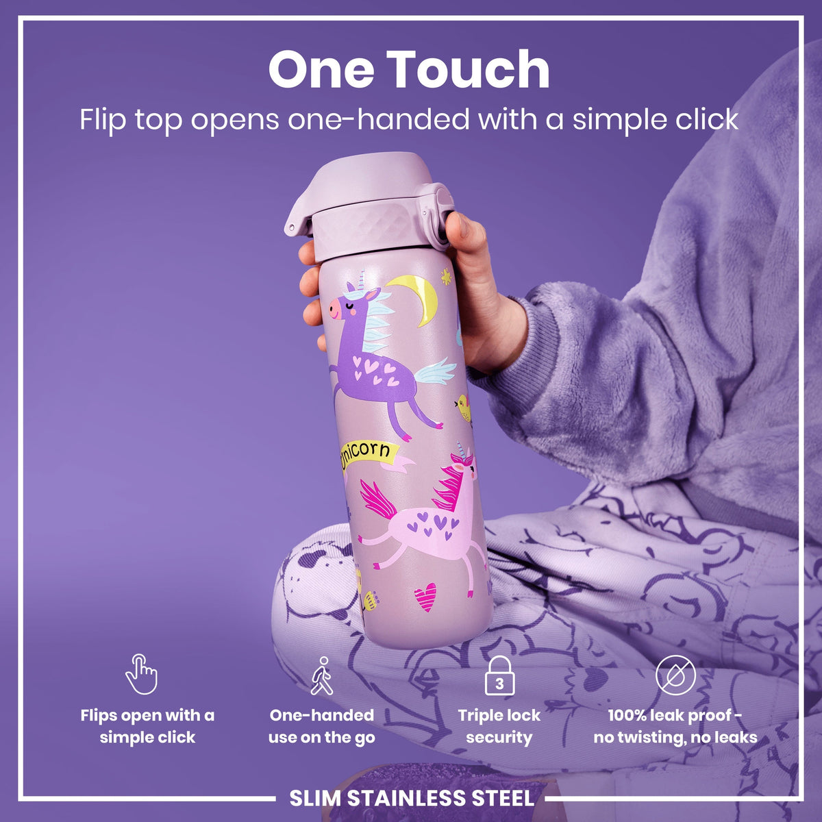 Leak Proof Slim Water Bottle, Stainless Steel, Unicorns, 20oz