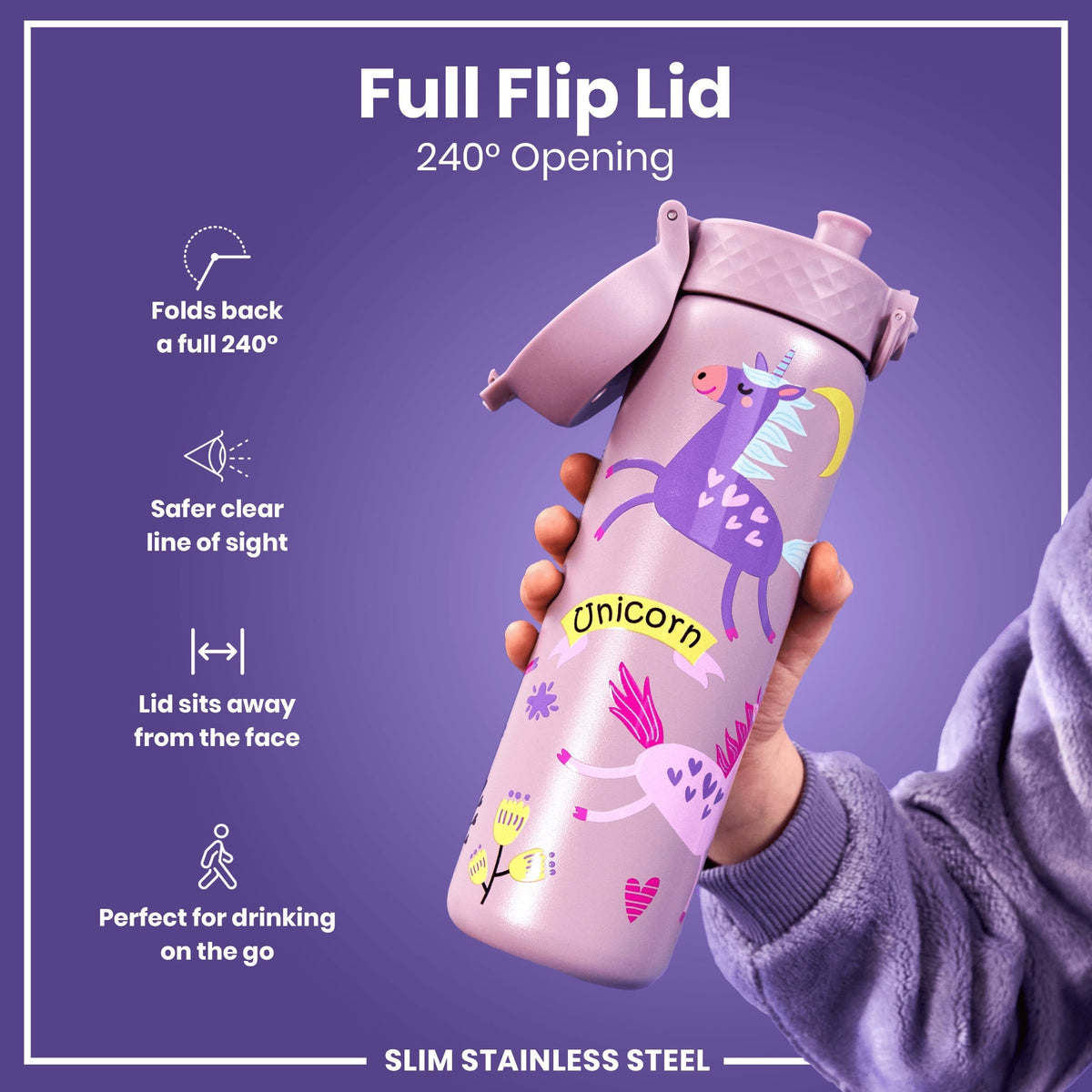 Leak Proof Slim Water Bottle, Stainless Steel, Unicorns, 20oz