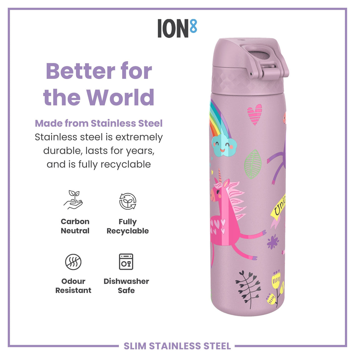 Leak Proof Slim Water Bottle, Stainless Steel, Unicorns, 20oz