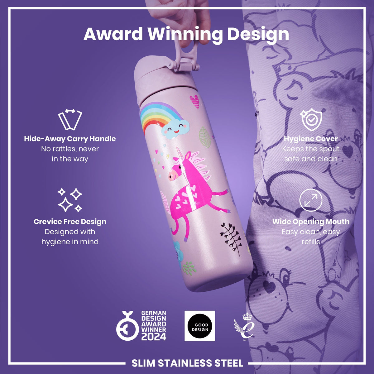 Leak Proof Slim Water Bottle, Stainless Steel, Unicorns, 20oz
