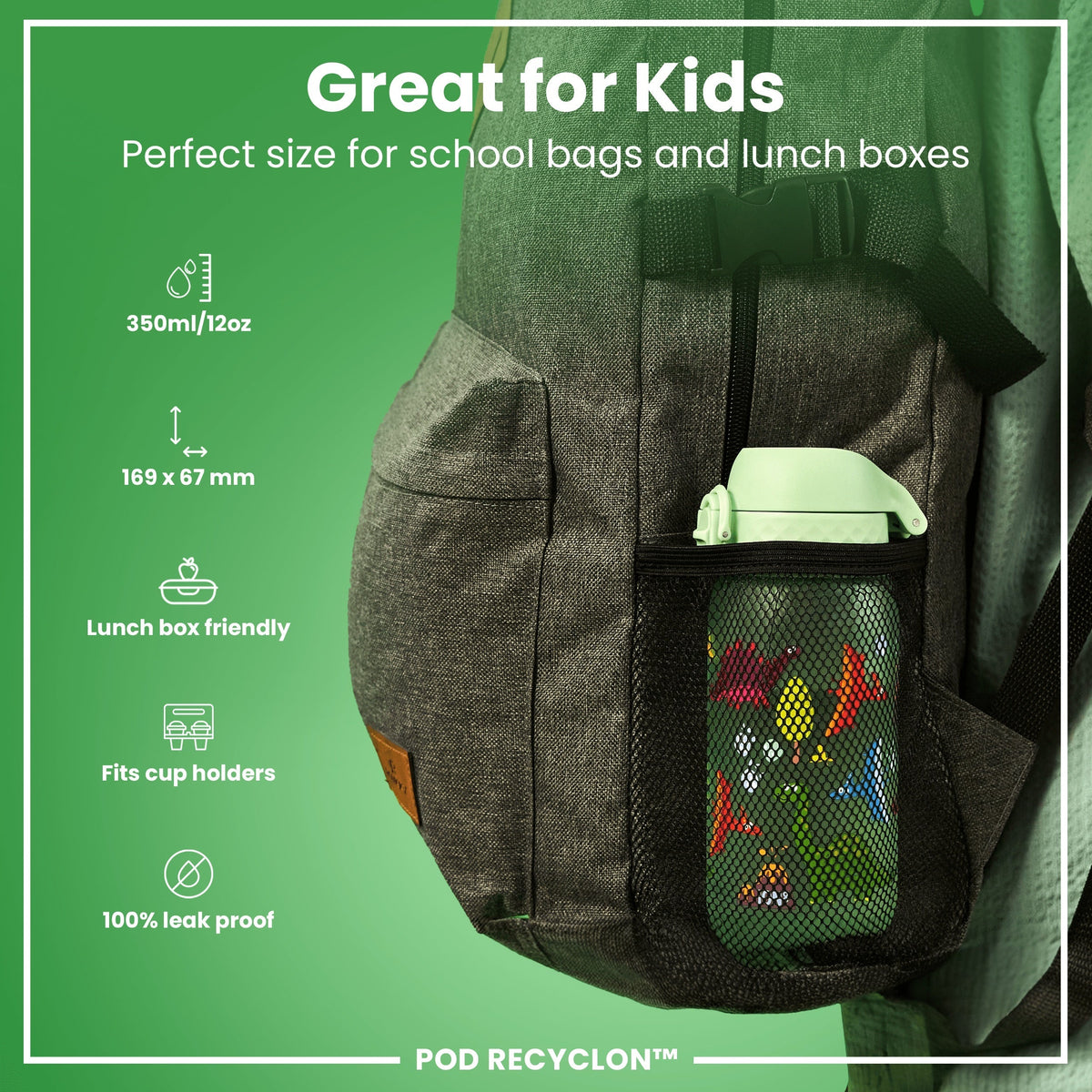 Leak Proof Kids Water Bottle, Recyclon, Dinosaur, 12oz