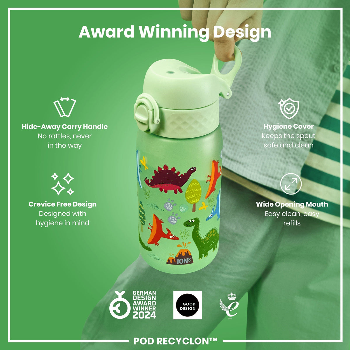 Leak Proof Kids Water Bottle, Recyclon, Dinosaur, 12oz