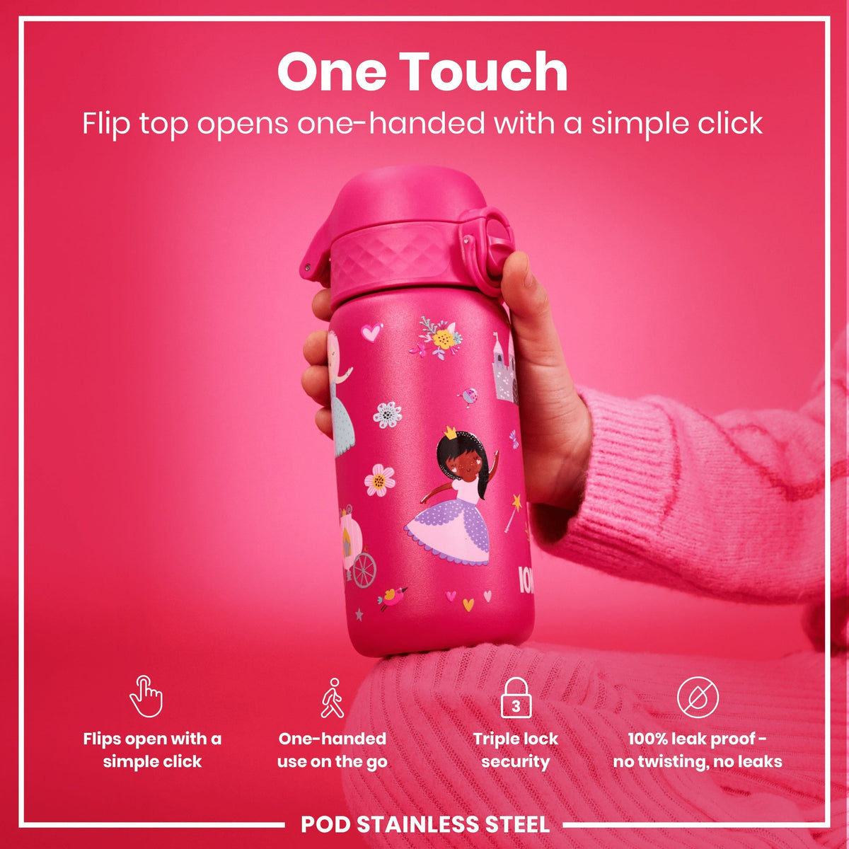 Leak Proof Kids Water Bottle, Stainless Steel, Princess, 13oz