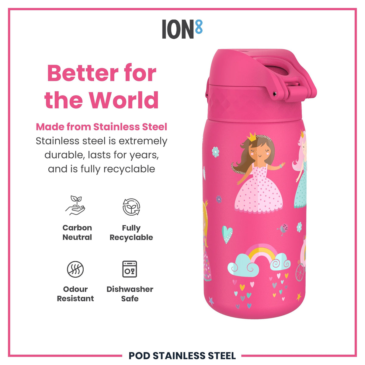 Leak Proof Kids Water Bottle, Stainless Steel, Princess, 13oz
