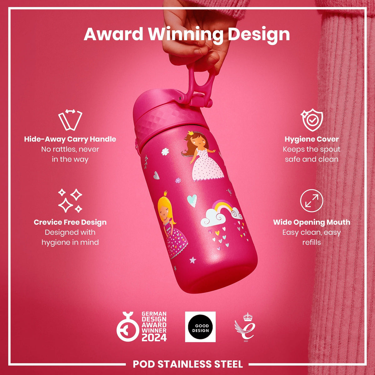 Leak Proof Kids Water Bottle, Stainless Steel, Princess, 13oz