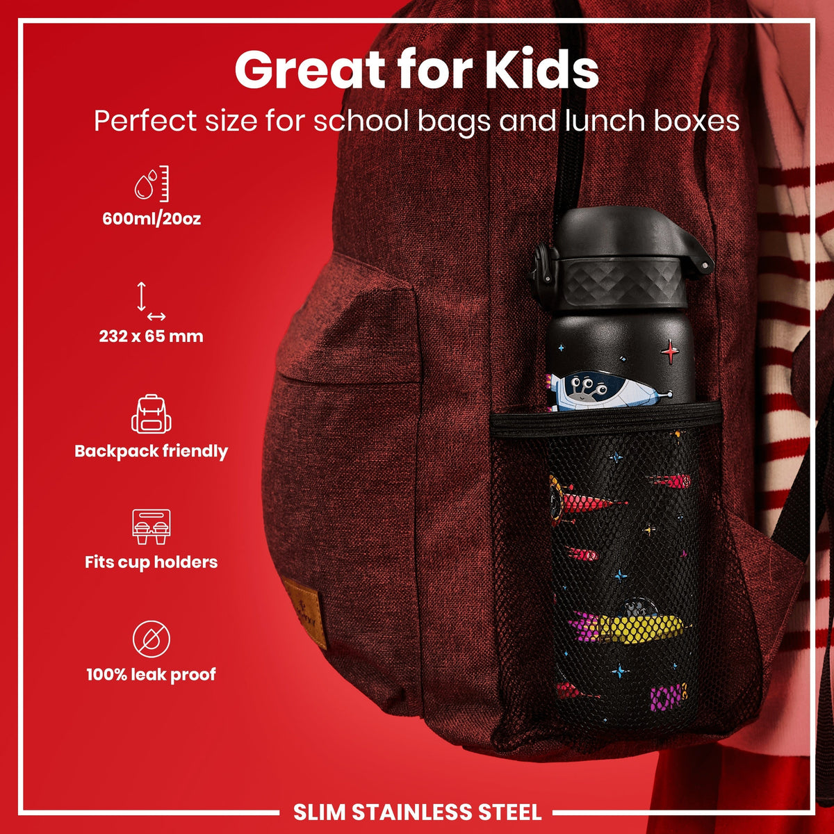 Leak Proof Slim Water Bottle, Stainless Steel, Spaceships, 20oz