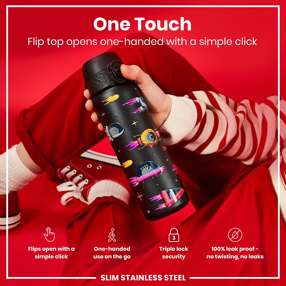 Leak Proof Slim Water Bottle, Stainless Steel, Spaceships, 20oz