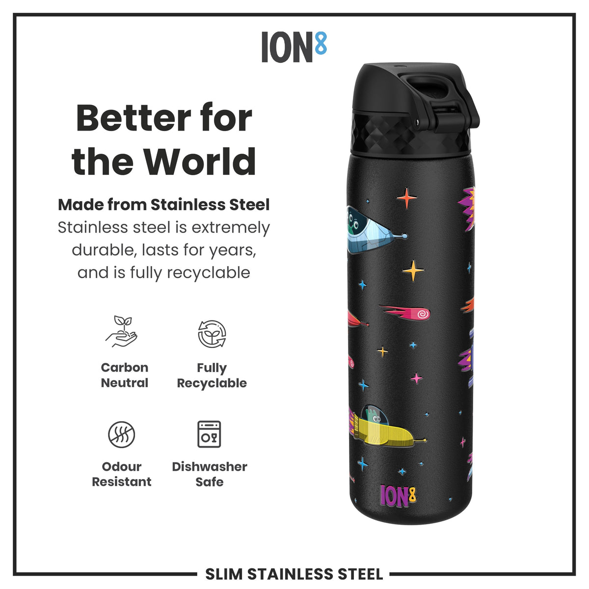 Leak Proof Slim Water Bottle, Stainless Steel, Spaceships, 20oz