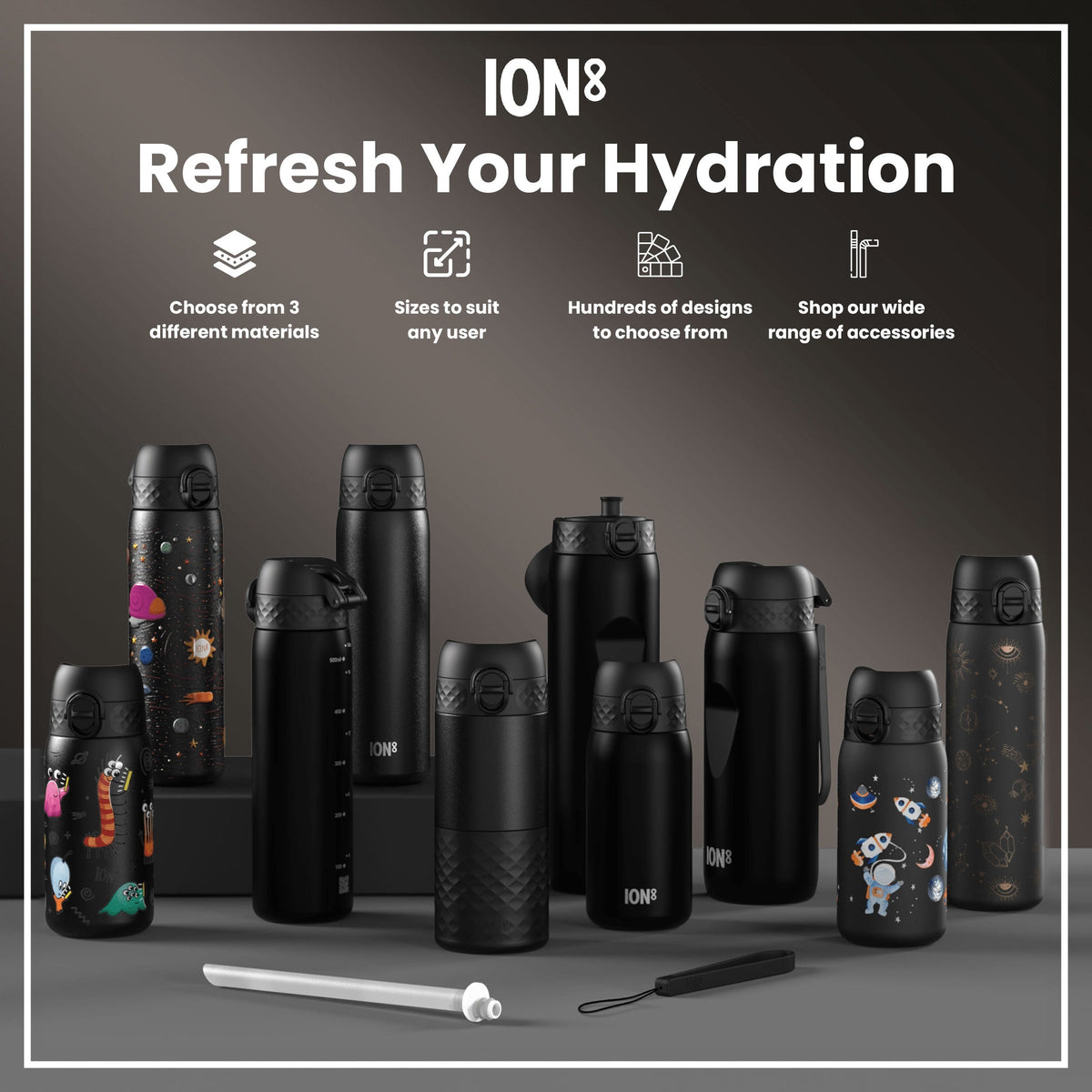 Leak Proof Slim Water Bottle, Stainless Steel, Spaceships, 20oz
