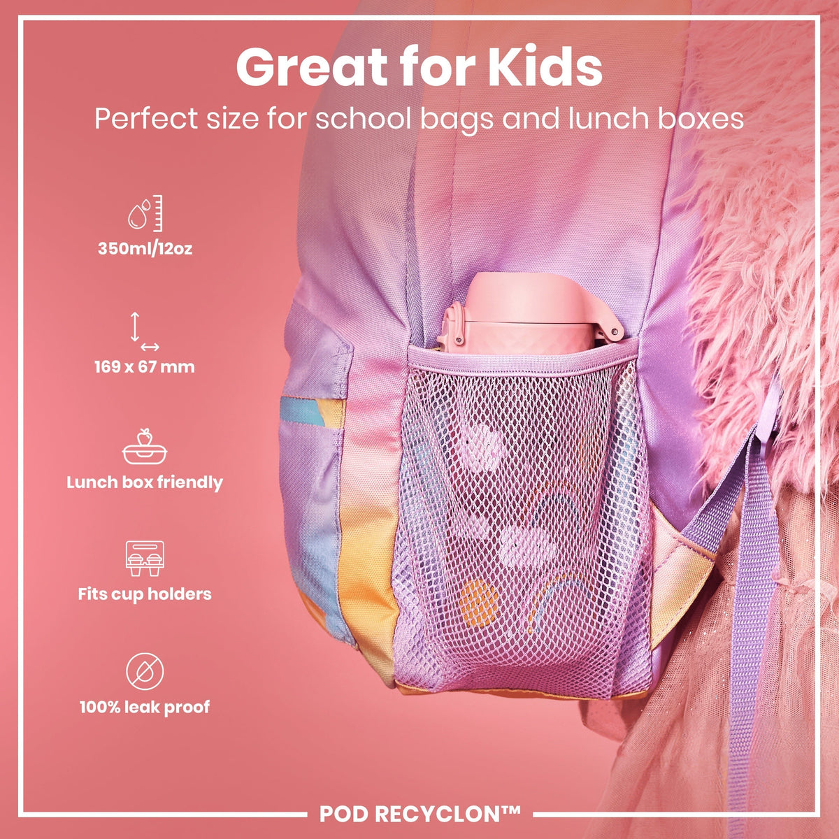 Leak Proof Kids Water Bottle, Recyclon, Rainbows, 12oz