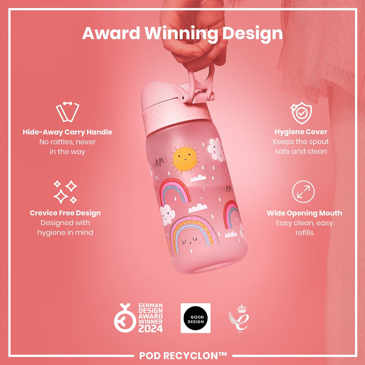 Leak Proof Kids Water Bottle, Recyclon, Rainbows, 12oz