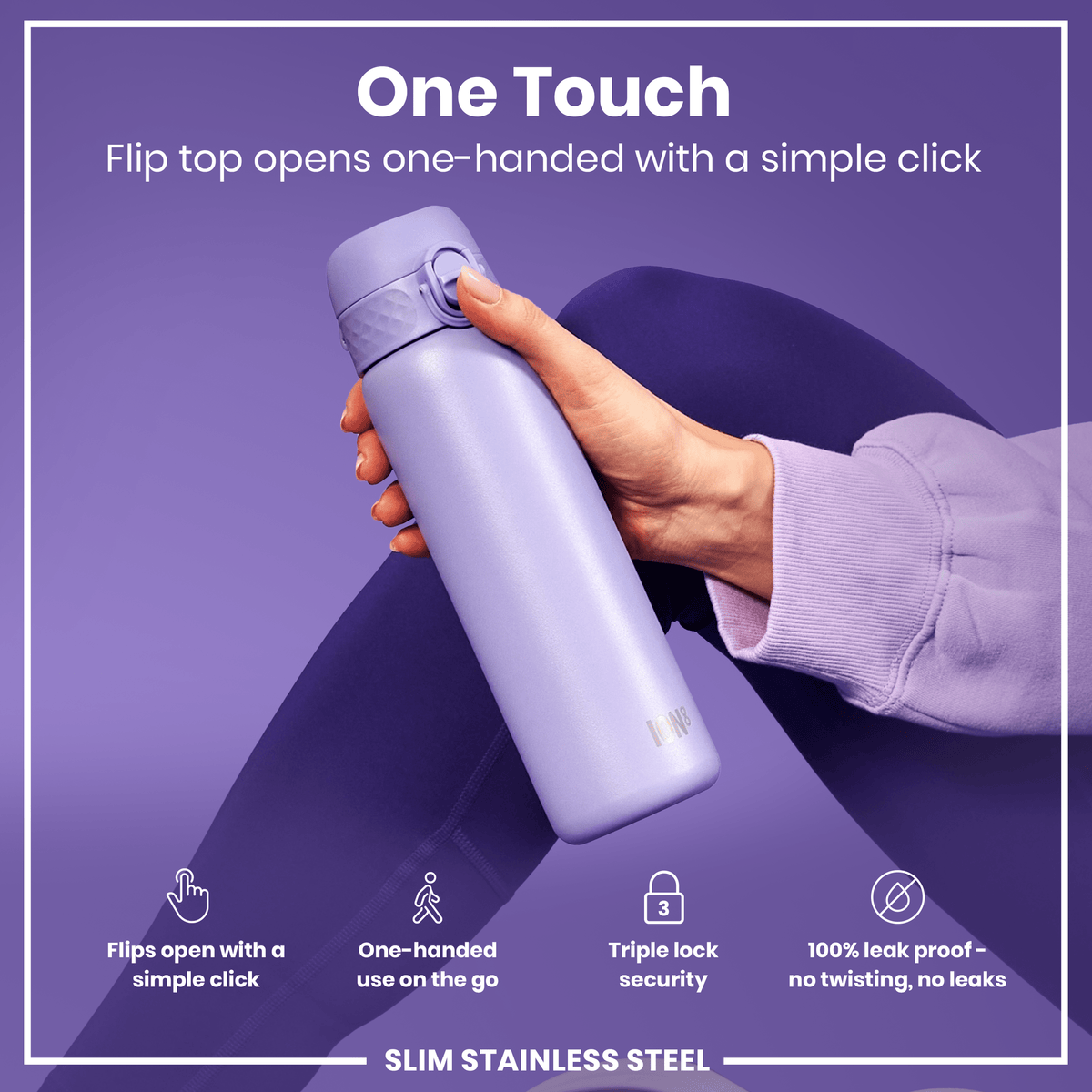 Leak Proof Slim Water Bottle, Stainless Steel, Light Purple, 20oz