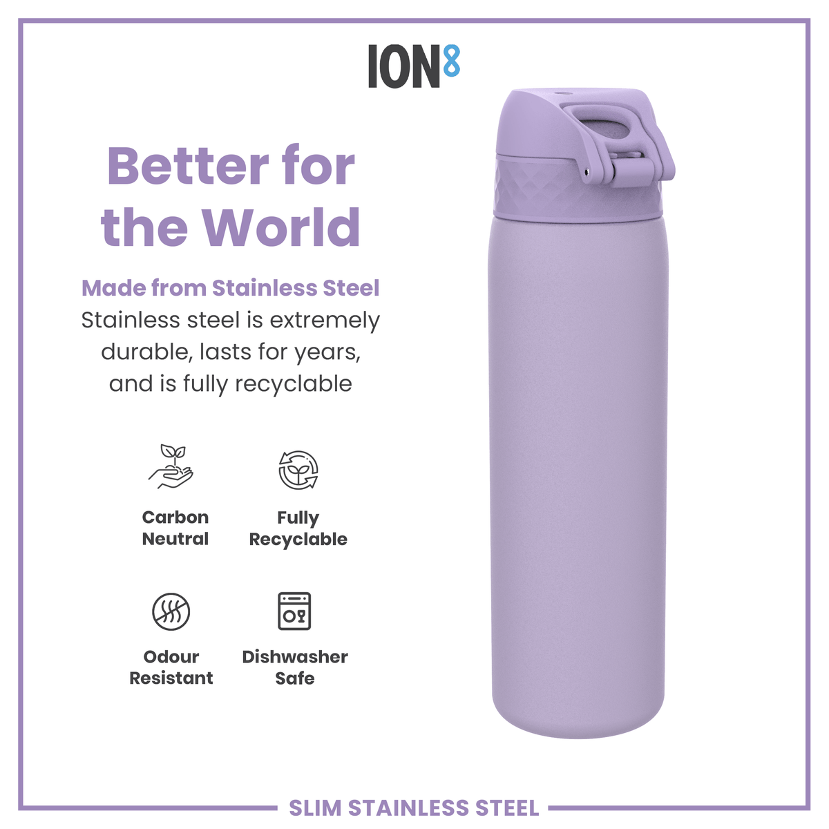 Leak Proof Slim Water Bottle, Stainless Steel, Light Purple, 20oz