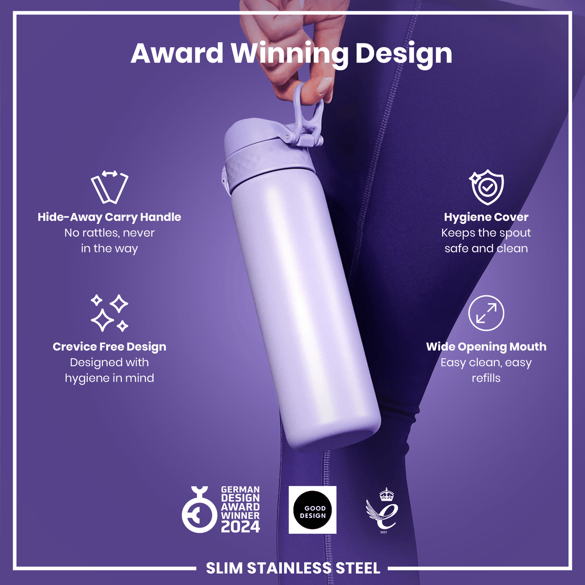 Leak Proof Slim Water Bottle, Stainless Steel, Light Purple, 20oz