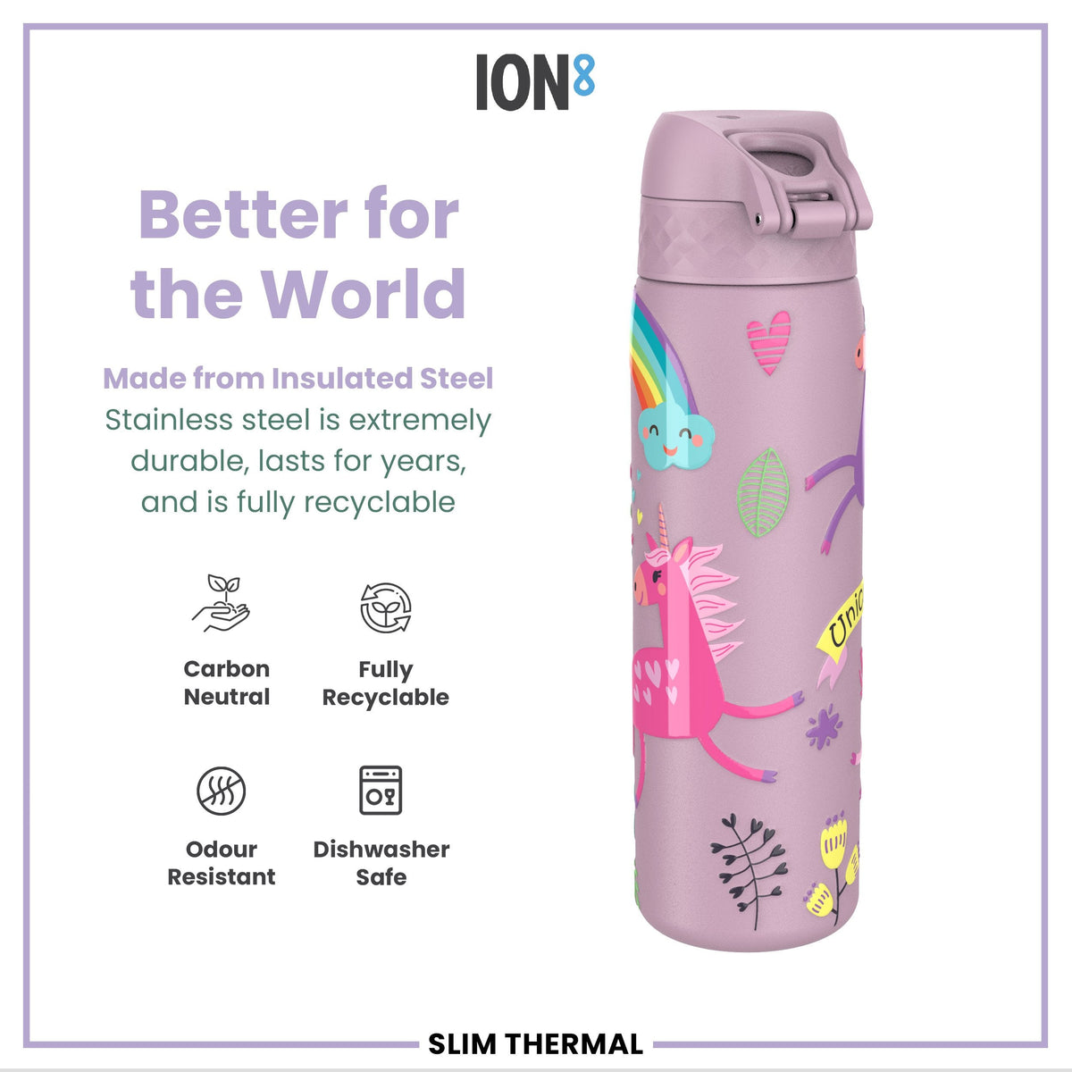 Leak Proof Slim Thermal Steel Water Bottle, Insulated, Unicorns, 17oz
