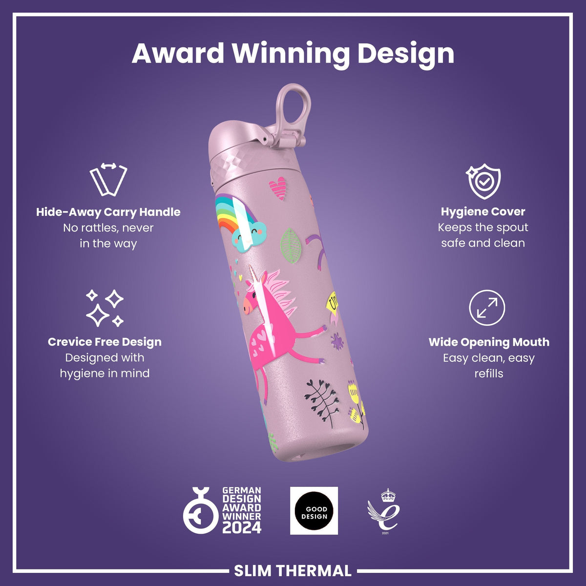 Leak Proof Slim Thermal Steel Water Bottle, Insulated, Unicorns, 17oz
