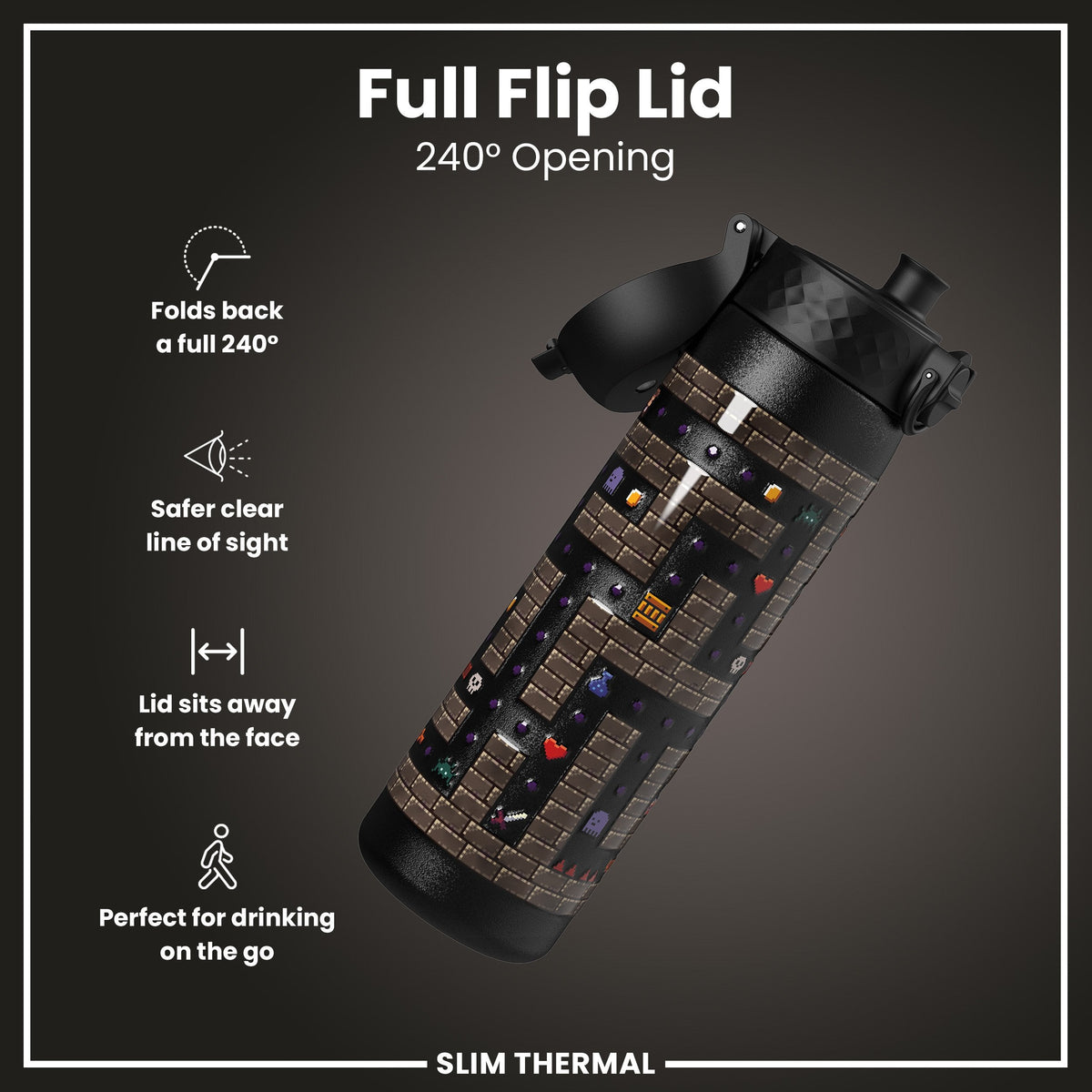 Leak Proof Slim Thermal Water Bottle, Insulated Steel, Gamer, 17oz