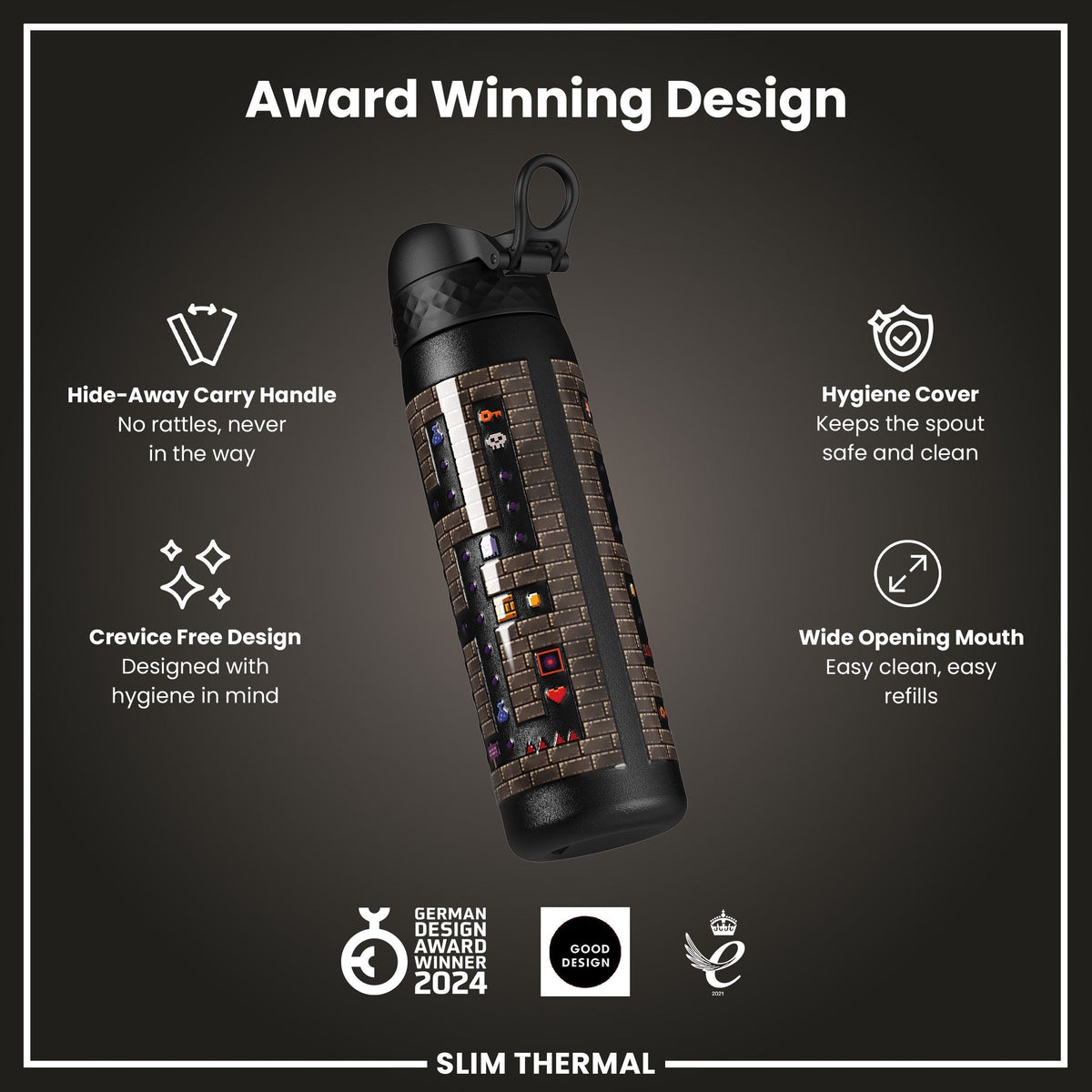 Leak Proof Slim Thermal Water Bottle, Insulated Steel, Gamer, 17oz
