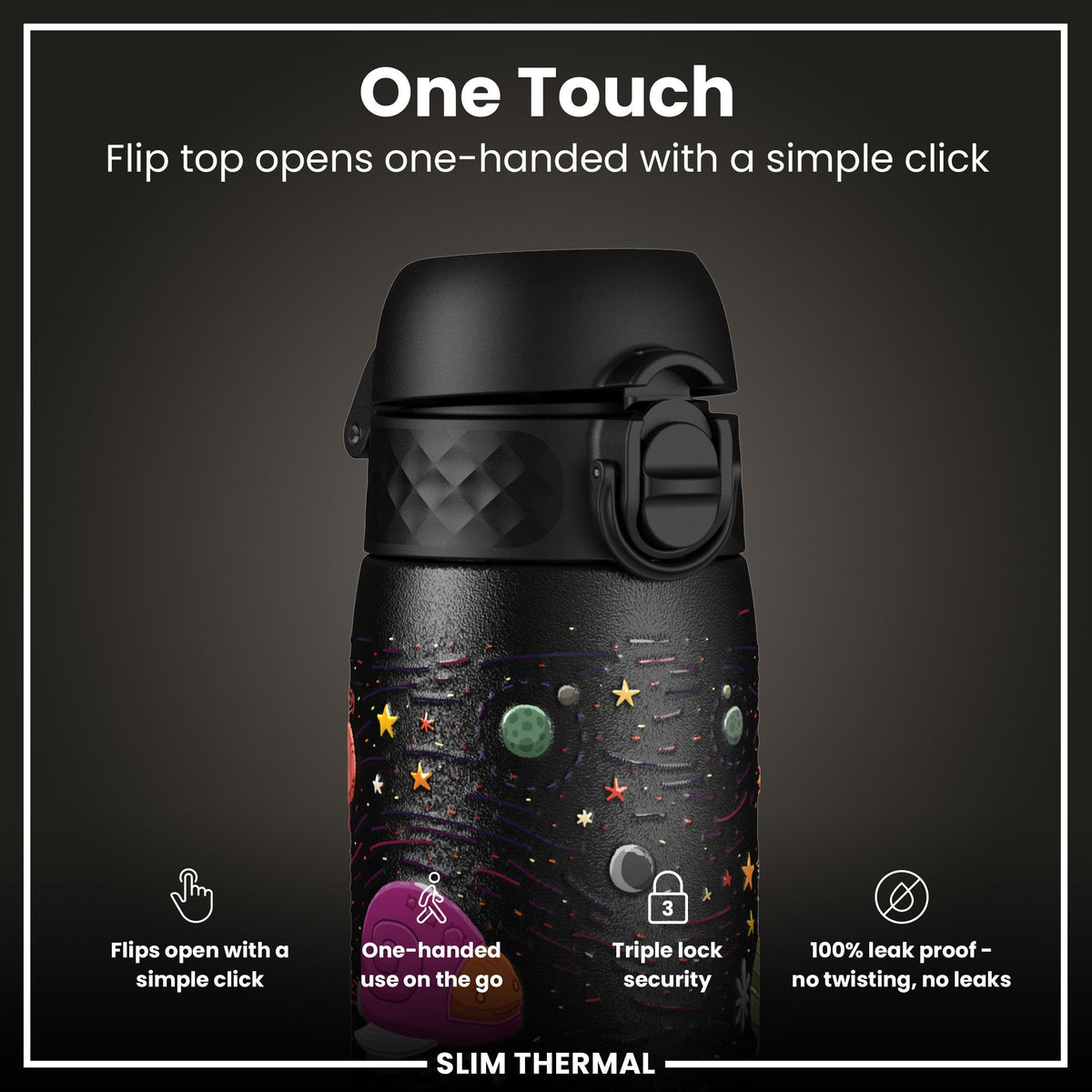 Leak Proof Slim Thermal Water Bottle, Insulated Steel, Spaceships, 17oz