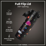 Leak Proof Slim Thermal Water Bottle, Insulated Steel, Spaceships, 17oz