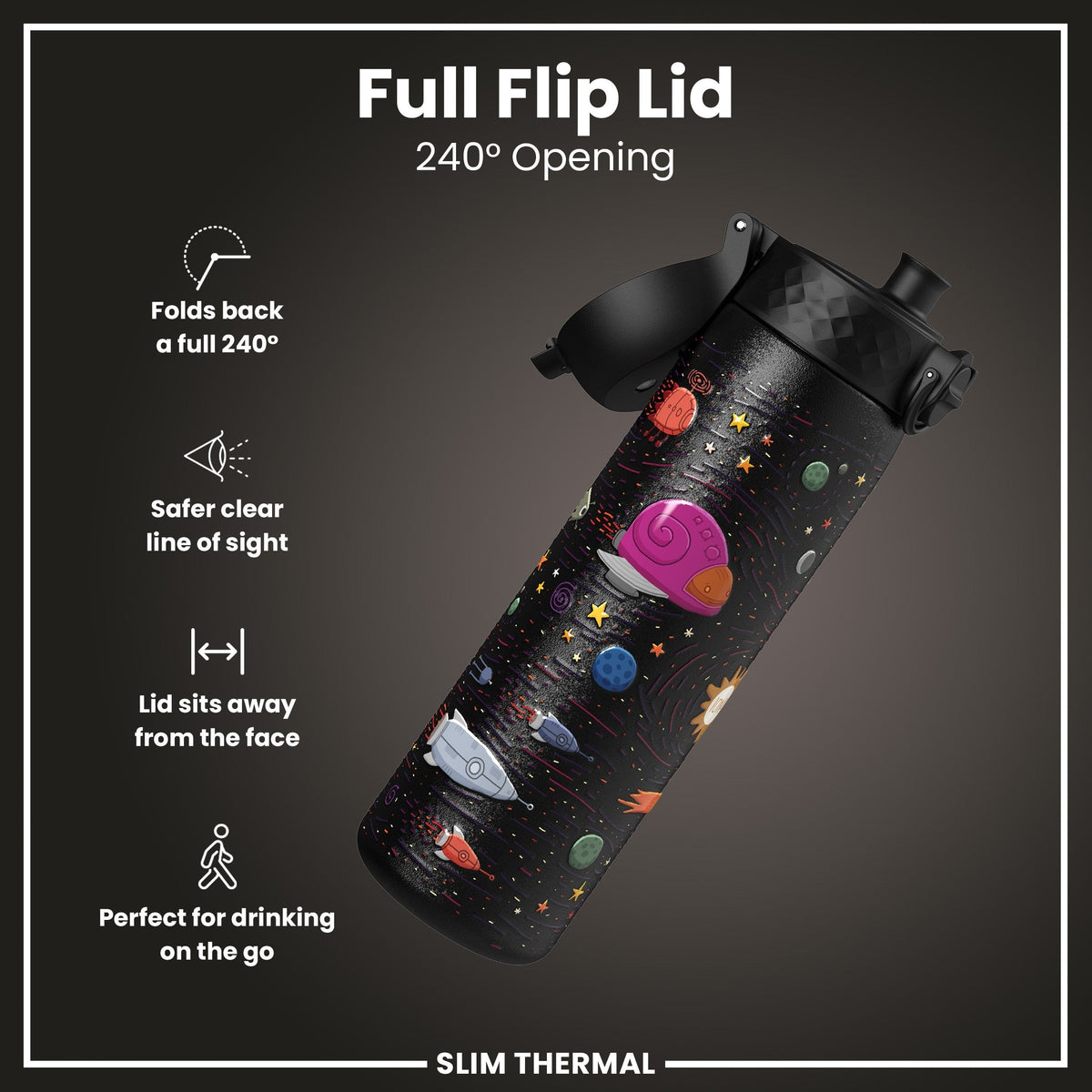 Leak Proof Slim Thermal Water Bottle, Insulated Steel, Spaceships, 17oz
