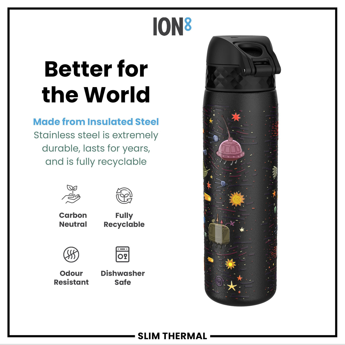 Leak Proof Slim Thermal Water Bottle, Insulated Steel, Spaceships, 17oz