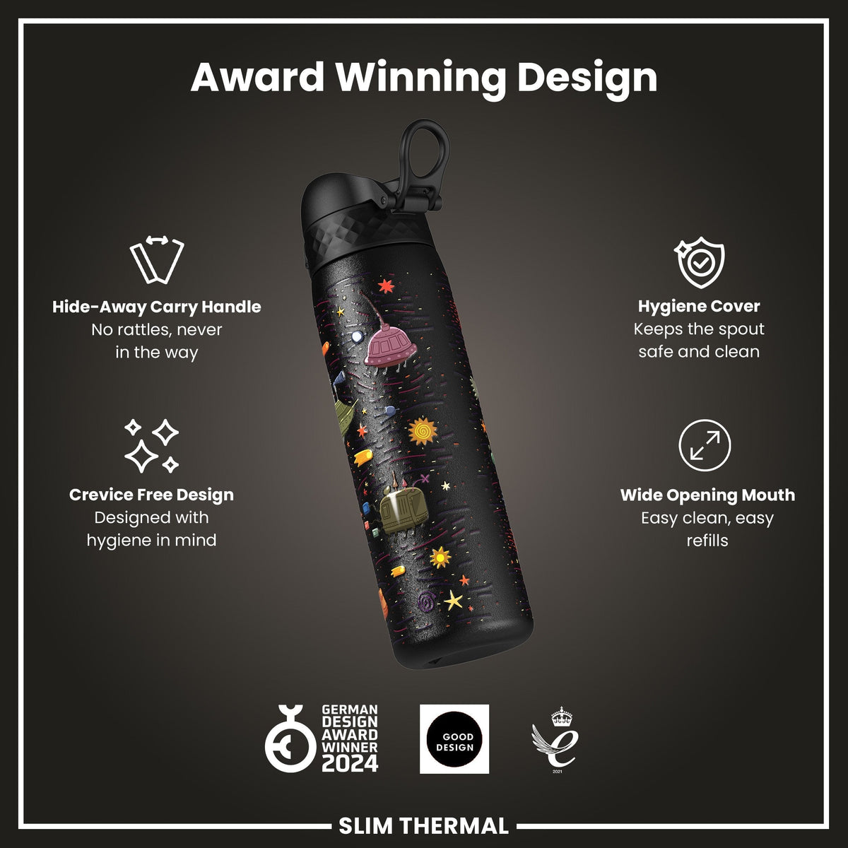Leak Proof Slim Thermal Water Bottle, Insulated Steel, Spaceships, 17oz