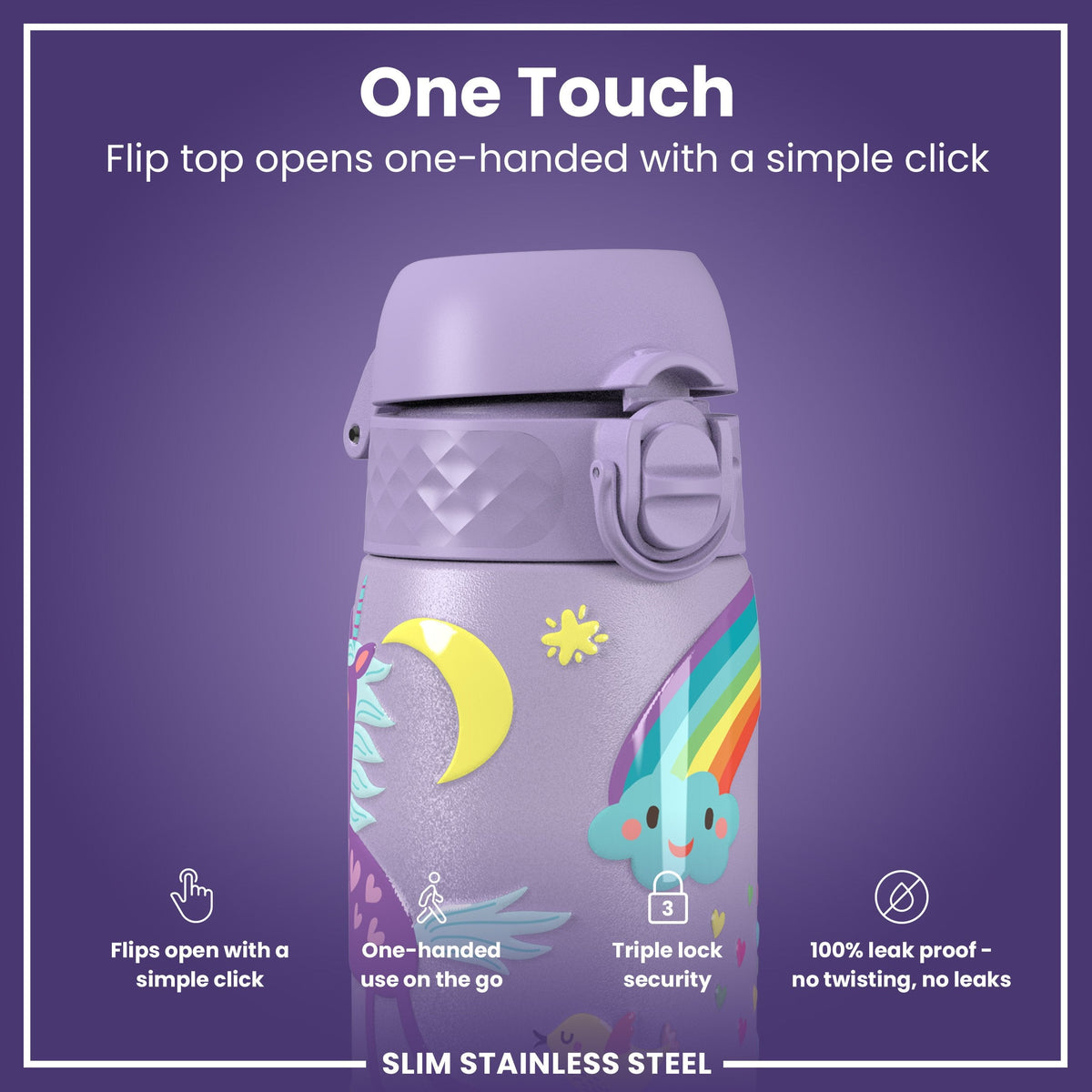 Leak Proof Slim Water Bottle, Stainless Steel, Purple Unicorns, 20oz