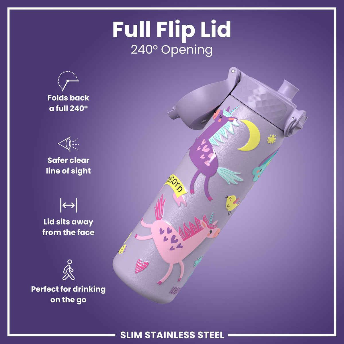 Leak Proof Slim Water Bottle, Stainless Steel, Purple Unicorns, 20oz