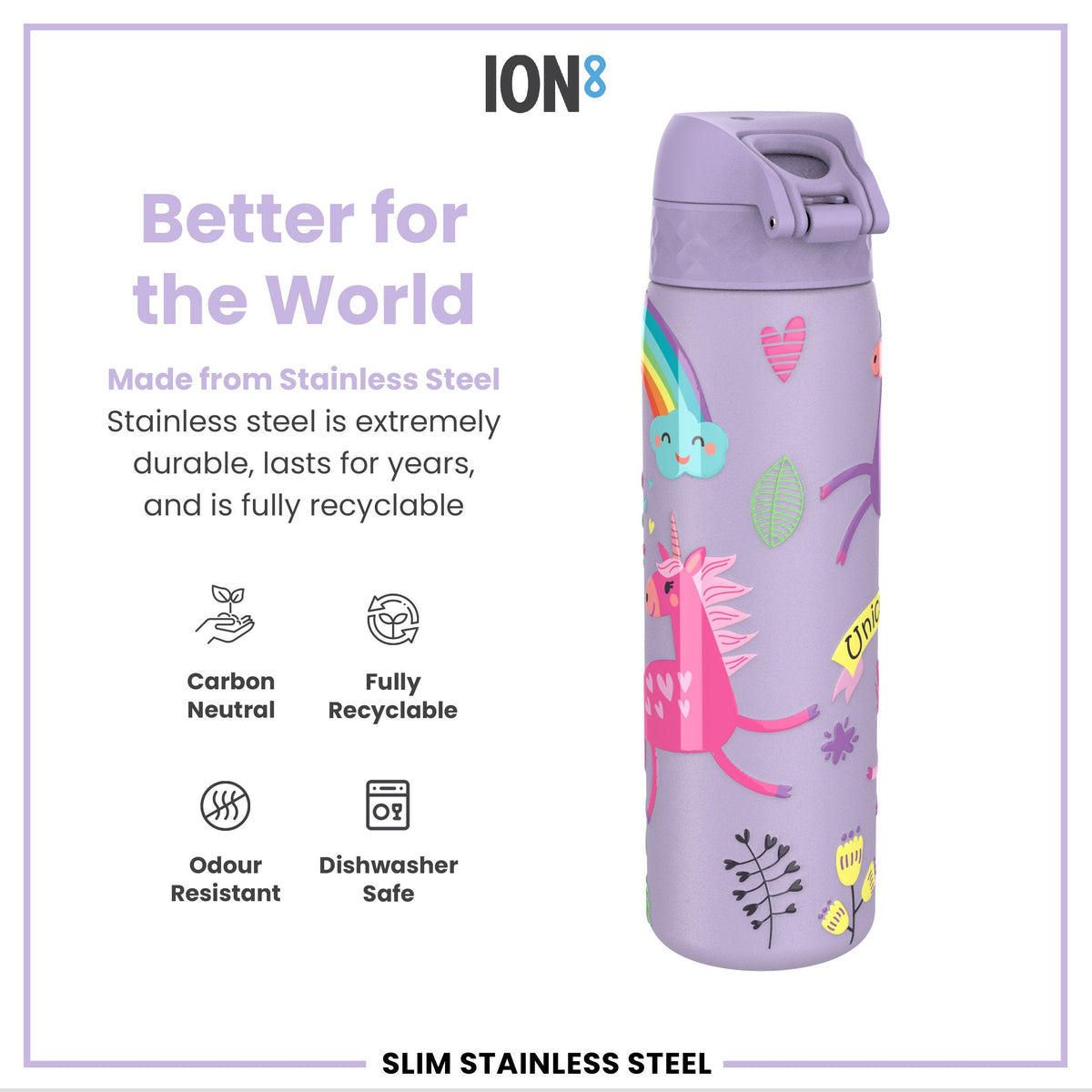 Leak Proof Slim Water Bottle, Stainless Steel, Purple Unicorns, 20oz
