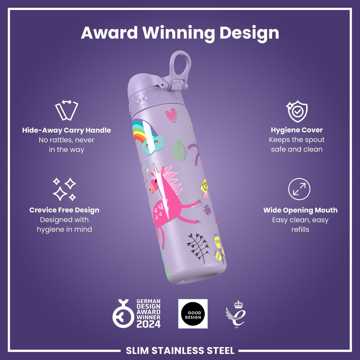 Leak Proof Slim Water Bottle, Stainless Steel, Purple Unicorns, 20oz