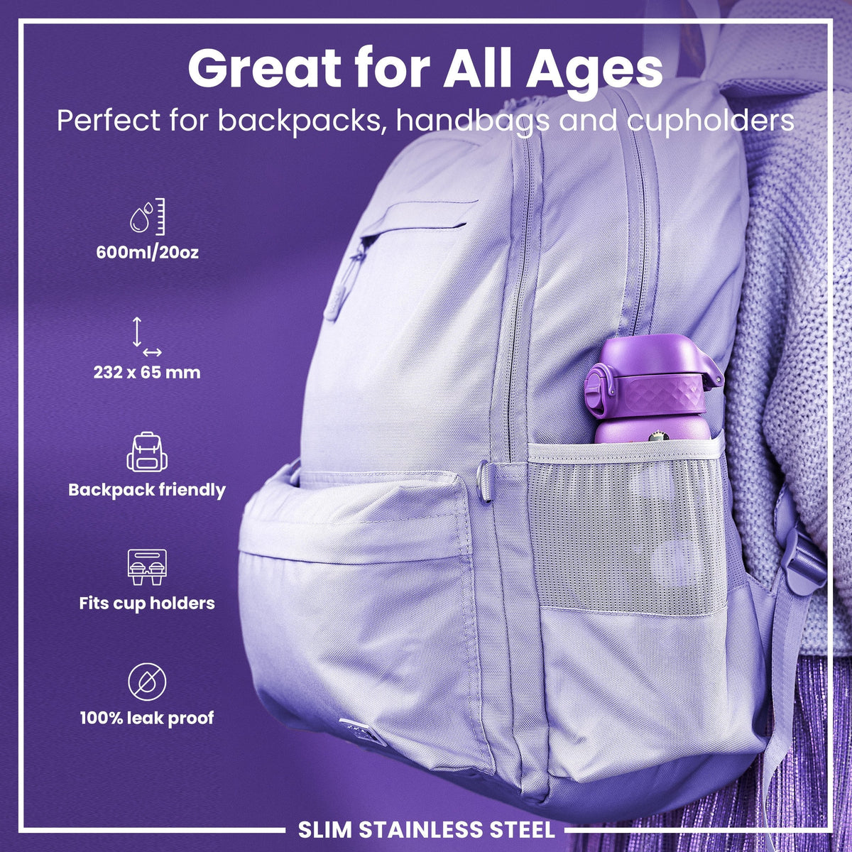 Leak Proof Slim Water Bottle, Stainless Steel, Princess, 20oz