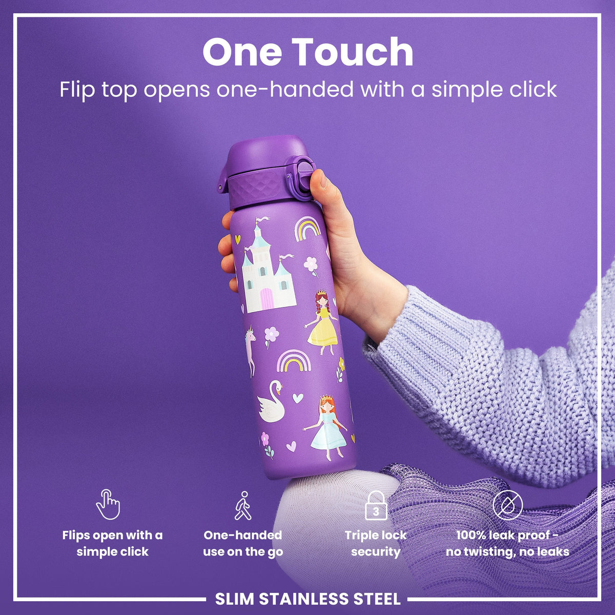 Leak Proof Slim Water Bottle, Stainless Steel, Princess, 20oz