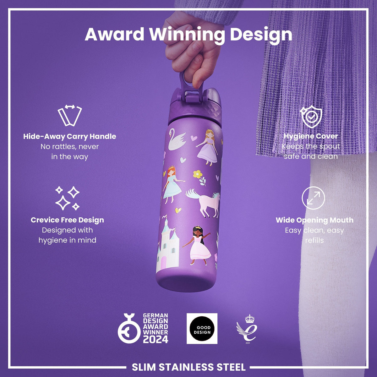 Leak Proof Slim Water Bottle, Stainless Steel, Princess, 20oz