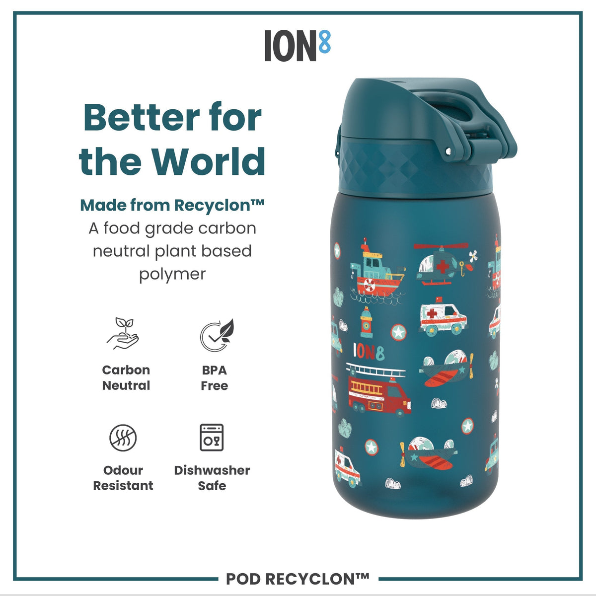 Leak Proof Kids Water Bottle, Recyclon, Rescue Vehicles, 12oz