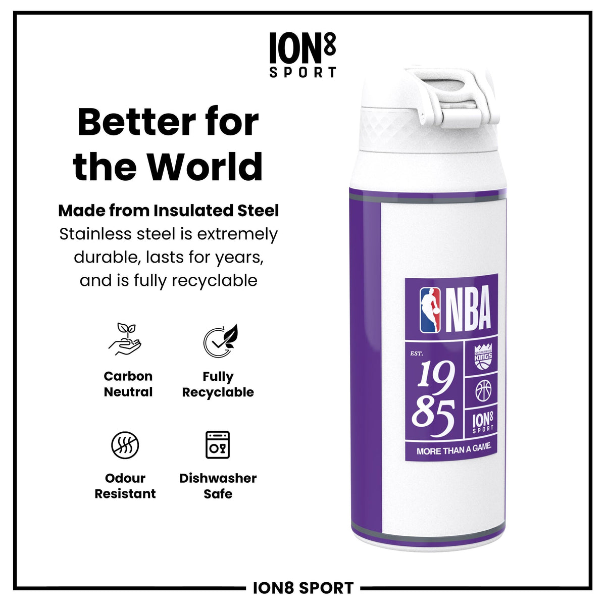 NBA x ION8, Insulated Steel Bottle, Sacramento Kings, 24oz