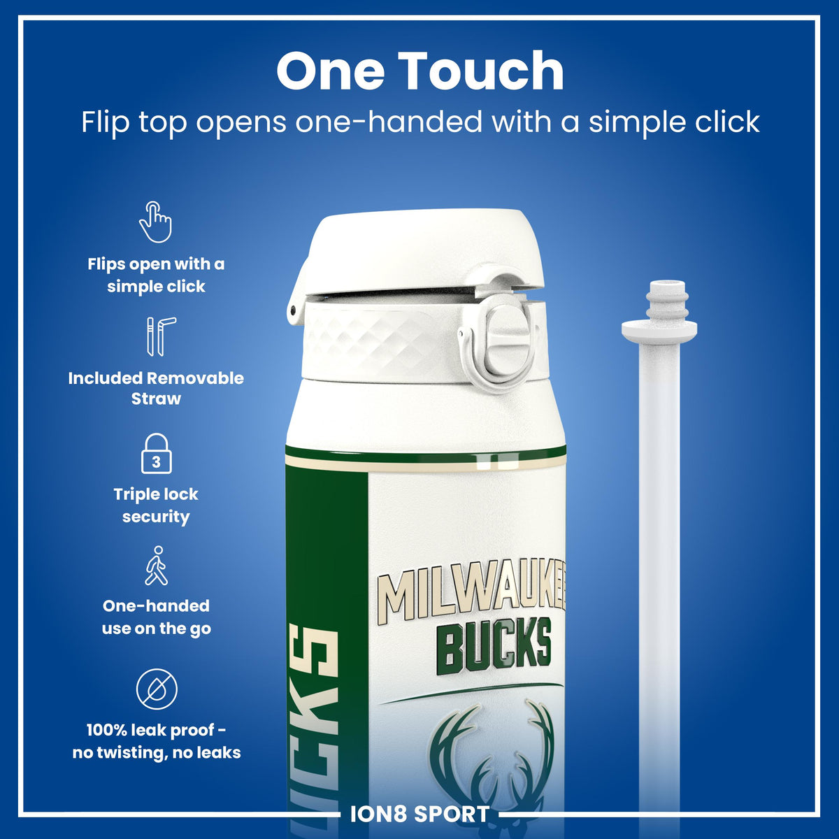 NBA x ION8, Insulated Steel Bottle, Milwaukee Bucks, 24oz