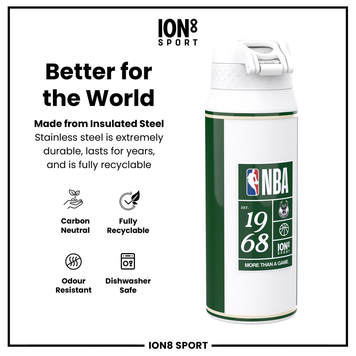 NBA x ION8, Insulated Steel Bottle, Milwaukee Bucks, 24oz