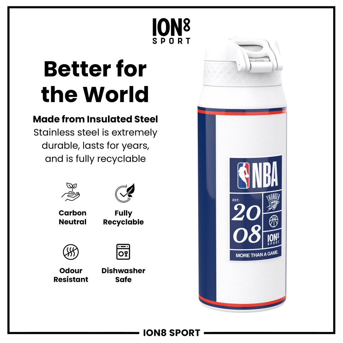 NBA x ION8, Insulated Steel Bottle, OK City Thunder, 24oz