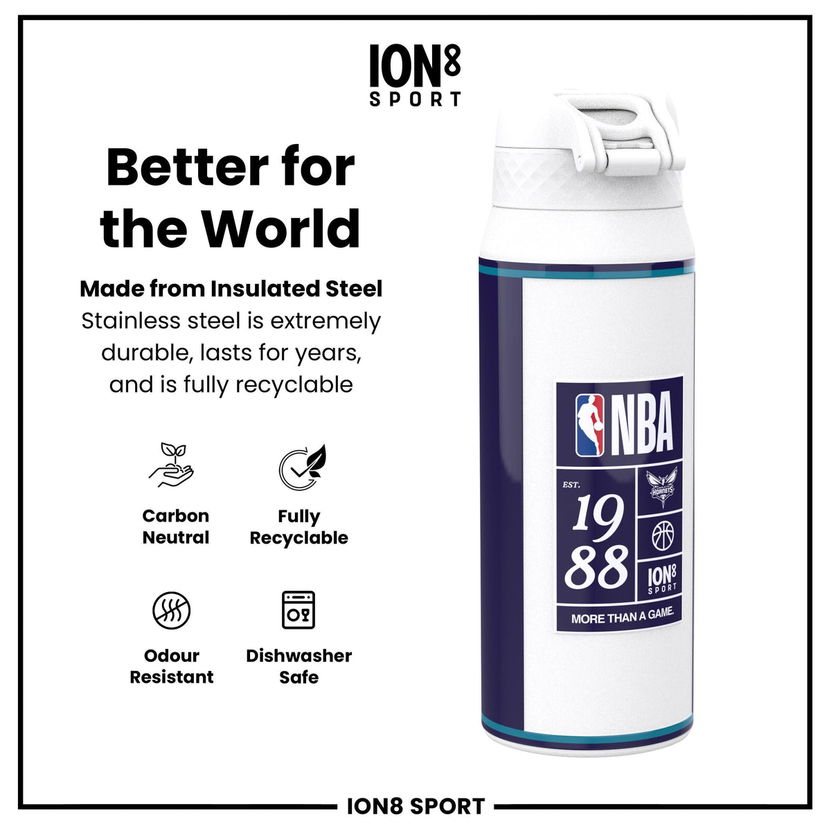 NBA x ION8, Insulated Steel Bottle, Charlotte Hornets, 24oz
