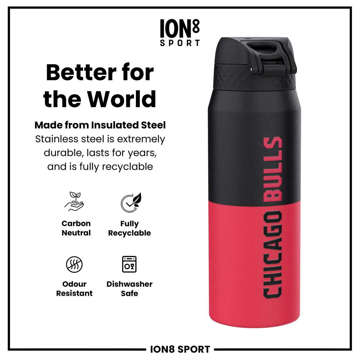 NBA x ION8, Insulated Steel Bottle, Chicago Bulls, 24oz