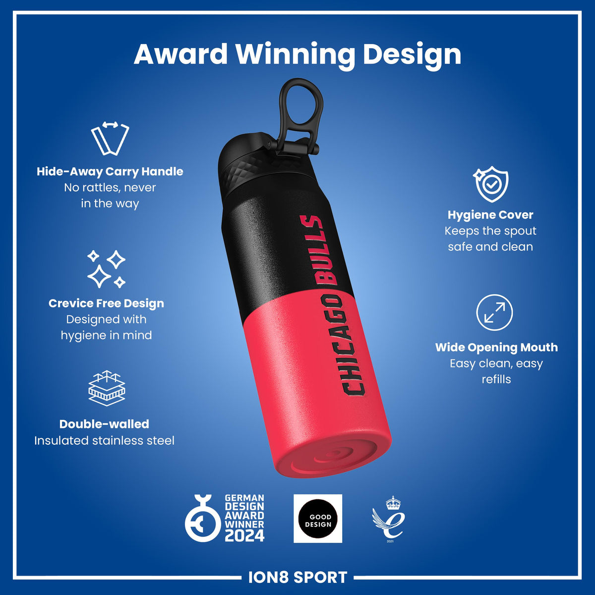 NBA x ION8, Insulated Steel Bottle, Chicago Bulls, 24oz