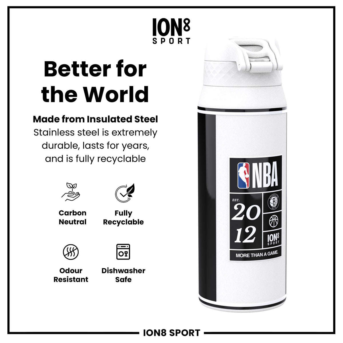 NBA x ION8, Insulated Steel Bottle, Brooklyn Nets, 24oz