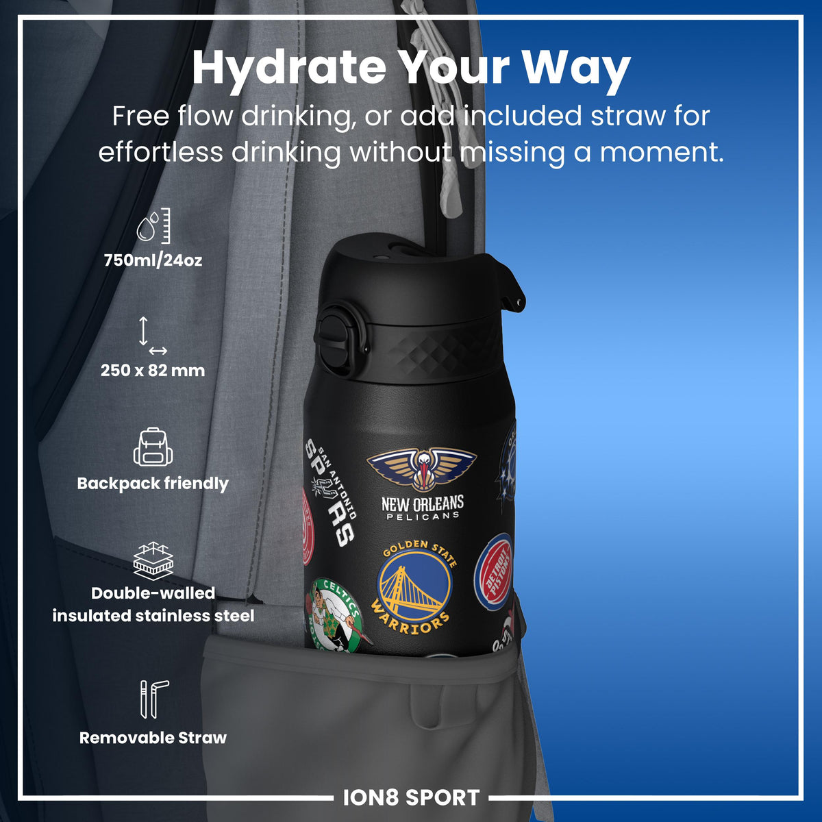 NBA x ION8, Insulated Steel Bottle, Multi Teams, 24oz