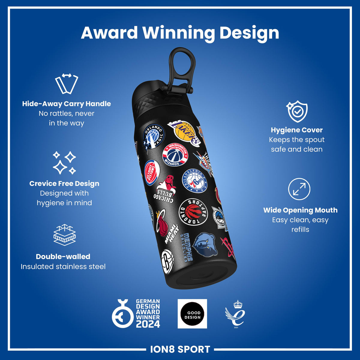 NBA x ION8, Insulated Steel Bottle, Multi Teams, 24oz