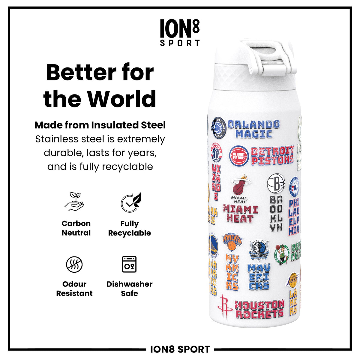 NBA x ION8, Insulated Steel Bottle, Patch Logos, 24oz