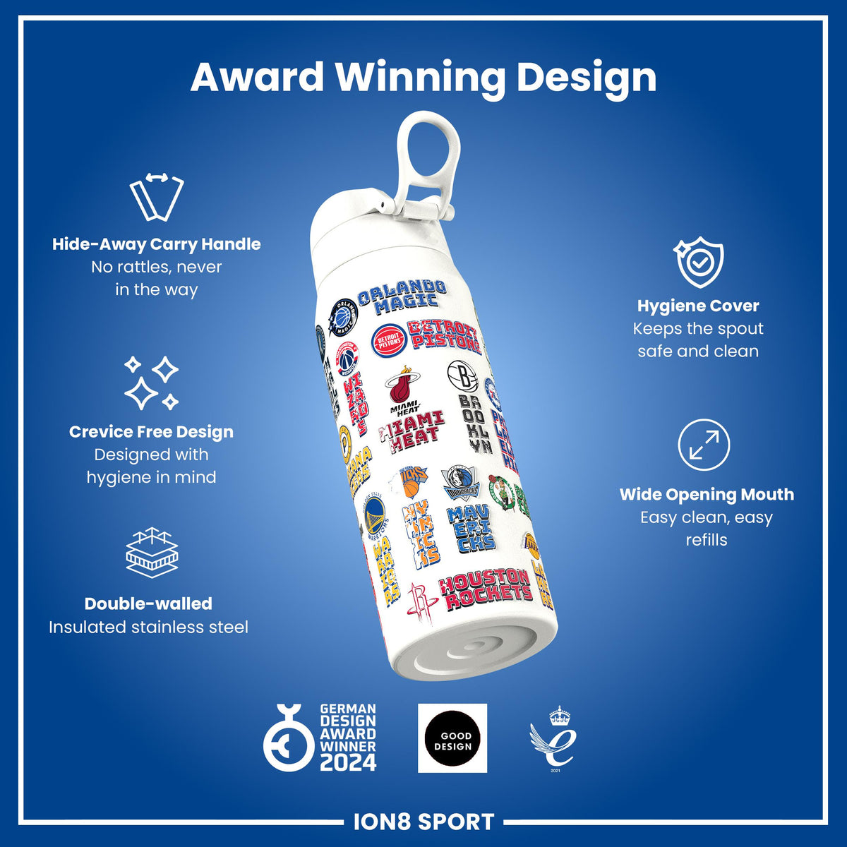 NBA x ION8, Insulated Steel Bottle, Patch Logos, 24oz